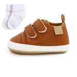 Sehfupoye Baby Girls Boys Sneakers Toddler Shoes PU Leather First Walking Shoes Anti-Slip Infant Newborn Prewalker Sneakers for 12-18 Months with Sock Brown