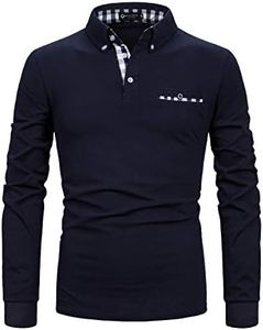 STTLZMC Mens Long Sleeve Polo Shirts Plaid Collar Basic Casual T-Shirt,Blue,XXX-Large