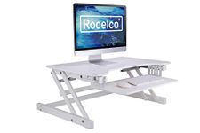 Rocelco 32" Height Adjustable Standing Desk Converter - Quick Sit Stand Up Dual Monitor Riser - Gas Spring Assist Tabletop Computer Workstation - Large Retractable Keyboard Tray - White (R ADRW)