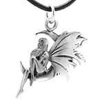 Pewter Fairy Celestial Crescent Moon Pendant on Leather Necklace