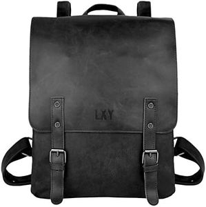 LXY Vegan Leather Backpack Vintage Laptop Bookbag for Women Men, Black Faux Leather Backpack Purse Bookbag Weekend Travel Daypack