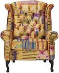 House of Velvet Gold Patchwork Fabric Wingback Chair - Chesterfield High Backed & High Seat Queen Anne Fireside Winged Chair, Accent Armchair for Living Room, Conservatory, Bedroom, Reading