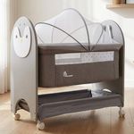 R for Rabbit Lullabies Woodsy Snowy Manual Swing Wooden Baby Cradle for Newborn 0-18 Months | Cot/Bassinet with Mattress, Mosquito Canopy Net, Lockable Wheels & Storage Basket, Upto 15 Kg (Grey White)