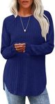 Saloogoe Long Sleeve Shirts for Women Casual Lounge Tops Loose Fit Tunic Sweaters Undershirt Trendy Navy Blue 2XL