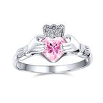 BFF Celtic Irish Friendship Promise AAA CZ Simulated Rose Pink Tourmaline Hands & Heart Claddagh Ring For Women Teens .925 Sterling Silver