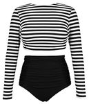 COCOSHIP Women's Long Sleeve Swim Shirt Rash Guard Top Tankinis Set High Waist Bathing Swimsuit(FBA), Stripe Black, 12