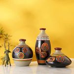 ARTYSTA BEAUTIFYING LIVES Earthenware 'Madhubani Jungle' Black Handpainted Earthen Terracotta Flower Vase, Oblong Terracotta Decorative Vases For Home Decor Earthen Pots For Home & Office (Set Of 3)