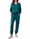 PINSPARK Two Piece Sets for Women 2024 Fall Travel Outfits Lounge Set Long Sleeve Tracksuit Sweatsuit Half Zip Jogger Set Matching Set,Green Jade X-Large