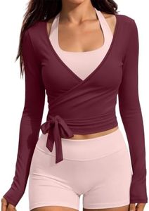 EFAN Womens Pilates Wrap Tops Long Sleeve Workout Tie Shirt, Burgundy, M