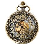 Avaner Steampunk Retro Half Hunter Copper Gear Skeleton Hand Wind Mechanical Roman/Arabic Numeral Analog Display Pocket Watch with 14" Chain (brown)