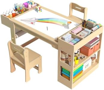 Kids Art Table and Chair Set, Kids Craft Table with Storage, Toddler Activity Play Desk with 2 Chairs, Wood Art Craft Play Desk with Paper Roll for Writing, Drawing, Learning and Reading