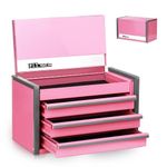 P.I.T. Mini Pink Tool Box, Portable 3 Drawer Steel Stackable Tool Box with Magnetic Tab Locking, Pink Micro Top Chest with Liner for Tools Storage and Organizers, Home DIY