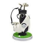 Golf Bag Pen Holder with Clock for Desk Mini Golf Caddy Cart Holder and 3 Pens Golf Gifts Set for Men Women, Desktop Aluminum Alloy Golf Pens Souvenir Gift(White/Black - Golf Bag)