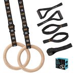 Vulken Wooden Gymnastic Rings with Adjustable Numbered Straps, 1.1'' Olympic Rings for Core Workout, CrossFit, and Bodyweight Training. Home Gym Rings 1600lbs with Exercise Straps and Workout Handles.