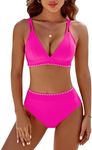 BMJL Women's Bikini Sets V Neck High Waisted Swimsuit Shell Stitched Cheeky Two Piece Bathing Suits(S,Hot Pink)