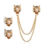 2PCS Wolf Head Long Collar Chain Brooch.Gold Silver Chain Tassel Brooch Pin,Punk Cool Animal Head Collar Coat Pin for Men's Suits Shirt Pin (Gold)