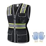 JKWEARSA Women Safety Vest, High Visibility Reflective Mesh Work Vest With Pockets And Zipper For Lady, Girl(Black-01, Large)