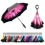 NNY Inc Double Layer Inverted Umbrella Cars Reverse Open Folding Umbrellas, Windproof UV Protection Large Self Stand Upside Down Straight Umbrella for Golf Women and Men with C-Shaped (Pink flowers)