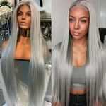 Maycaur 30 Inch Grey Hair Synthetic Lace Front Wigs Light Yaki Glueless HD Lace Wigs Natural Hairline Pre-Plucked Silver Gray Long Straight Wigs for Black Women