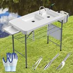 ERGMASTER Fish Cleaning Table 42.6" Width Portable Folding Camping Table w/Double Sinks& Measure Mark|Outdoor Sink Table w/Grid Rack& Fish Cleaning Kit for Patio