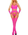 RSLOVE Sexy Lingerie Fishnet Bodystocking - Women's Lingerie Set with Garter Thigh High Tights and Gloves 4 Piece Exotic Outfit Fluorescent Pink