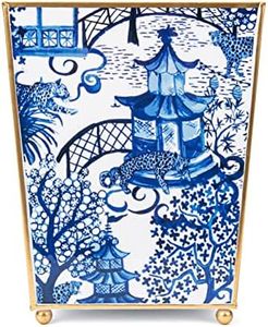 Jaye’s Studio Garden Party Decorative Gold Waste Basket for Bathroom Trash Can no Lid, Bedroom Garbage Can Square Office Trash Bin, Vanity Enamel White & Blue Bathroom Trash Can Gold Feet, 9 inch Wide