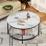 YITAHOME White Marble Round Coffee Table with Glass for Living Room, 2-Tier Circle Coffee Table with Storage Clear Coffee Table, Simple Modern Center Cocktail Table White & Black