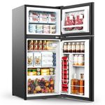 WELLENT 127L Standard Refrigerator with Freezer, Double Door Compact Fridge with LED Light, 7-Stage Thermostat, 4 Glass Shelves, 43dB Ultra-Quiet Energy Efficient for Dorm, Office and Bedroom, Black