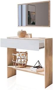 duehome | Recibidor con Cajon y Espejo, Mueble de Entrada, Mueble Auxiliar, Acabado en Tofe y Andersen, Modelo Aros, Medidas: 91,5 cm (Largo) x 27,9 cm (Fondo) x 85 cm (Alto)