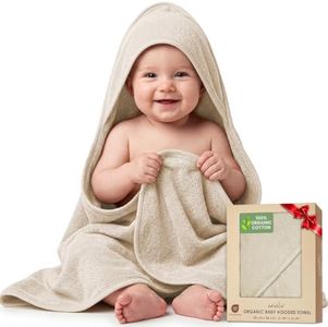 infancie Organic Cotton Low-Twist Woven Hooded Baby Towels, 31x31 Inches, Plush Bath Towels with Hood for Newborns and Kids, Girls & Boys (Ivory, 31.4" L x 31.4" W)