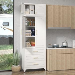 UNICOLY 90" Pantry Kitchen Cabinet with Drawer, 75" Pantry Cabinets with 15" Cabinets, Freestanding Kitchen Storage Cabinet for Dining Room, Living Room, Alacena para Cocina, Assembly Required, White