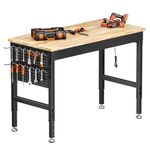 121 x 60 cm Adjustable Heavy-Duty WorkBench, 2000 LBS Load Capacity Rubberwood Work Table with Pegboard, Built-in Power Strip, 6 Adjustable Heights, Workbench for Workshop, Garage, Office, and Home