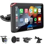 Carpuride w701 Pro Portable Car BT Stereo, Wireless Carplay & Android Auto with Backup Cam & SWC, Dual Bluetooth, Mirror Link/GPS/Siri/FM, Support Trucks Dashboard Mounted