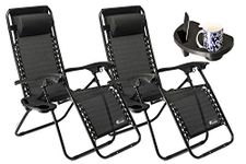 SUNMER Set of 2 Sun Lounger Garden Chairs With Cup And Phone Holder | Adjustable Headrest Pillow | Deck Folding Recliner Zero Gravity Outdoor Chair - Black