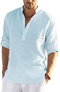 COOFANDY Men's Cotton Linen Henley Shirt Long Sleeve Hippie Casual Beach T Shirts Blue