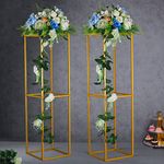 YALLOVE 2 Pcs 31.5 Inch Metal Flower Stand, Gold Centerpieces Vases Stand with Clear Acrylic Sheets, Geometric Display Rack for Wedding Party Decorations