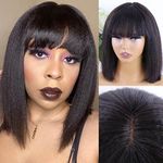 Y WIGS Yaki Straight Human Hair Wig with Bangs Glueless Short Bob Wig Human Hair 2x1 Lace Bob Wig with Bangs 10" 150% Density NC