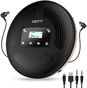 HOTT CD903TF Portable CD Player for Car with Bluetooth FM Transmitter，Rechargeable Touch Button Backlight Display Black