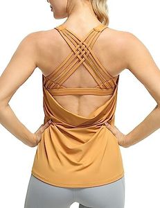 icyzone Womens' Open Back Workout Athletic Yoga Tank Tops with Built in Bra (Camel, XL)