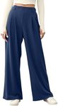 EVALESS Women's Wide Leg Pants with Pockets High Waisted Office Business Casual Dressy Plain Comfy Waffle Knit Flowy Pants for Ladies Dark Navy Blue Large