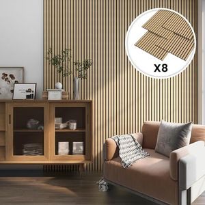 NEU.HOLZ Set de 8 Panneaux Acoustiques Muraux Isolation Sonore Lattes Décoratives Style Scandinave Installation Facile au Mur ou Plafond NRC 0,8 MDF 120 x 60 cm Effet Chêne Clair