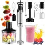 MuellerLiving Hand Blender, Immersion Blender, Hand Mixer with Attachments: Stainless Steel Blade, Whisk, Milk Frother, Beaters, Mixing hooks, Potato masher, Chopper bowl