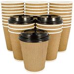 OzBSP 100 Pack BROWN 12 oz Disposable Coffee Cups with Lids - Insulated Double Wall 12oz Paper Coffee Cups with Lids - No Sleeves Needed - to Go Coffee Cup Leak Proof Lids. Microwaveable Hot Cups togo