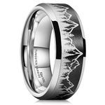 King Will 8mm Silver Black Mens Tungsten Wedding Ring Lasered Forest Landscap Pattern Mountains Trees Matte Finish Wedding Band Beveled Polished Edge 10