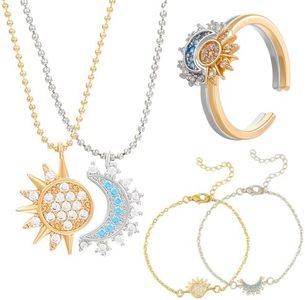 BTTLVZC Sun and Moon Jewelry Set for for Couples Sun and Moon Necklace Bracelets Adjustable Matching Rings for Best Friend Jewelry Gift, Brass, Zircon