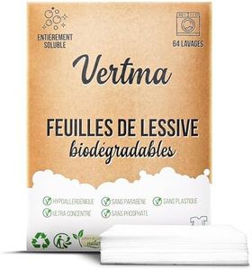 Vertma-Lessive en Feuille Biodégradable-64 Lavages-Lessive ecologique-100% Hydrosoluble-Lessive pour bebe-Hypoallergénique-Sans Plastique-Pour Blanc et Couleur-Lessive main voyage-Fraîcheur intense