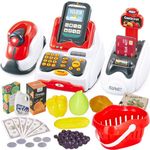 BUYGER Kids Toy Till Cash Register with Scanner, Pretend Play Food Money Toys, Childrens Cash Register Supermarket Shopping Toy Gift for 3 Year Old Kid Girls Boys