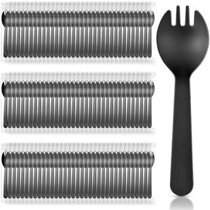 Tioncy 150 Pcs Disposable Plastic Sporks Individually Wrapped Disposable Sporks 4.5'' x 1.26'' 2 in 1 Fork and Spoon Set Disposable Serving Utensils for Dessert Restaurant Party Supply (Black)