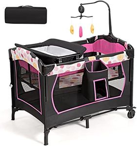 RELAX4LIFE 4 in 1 Lettino da Campeggio con Materasso per Bambini, Culla Neonato con Fasciatoio e Cingia Fissagio, Altezza Regolabile con 3 Livelli, Adatto a Bambini da 0 a 36 Mesi