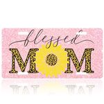 Pink Glitter Blessed Mom License Plate Cover,Sunflower and Leopard Print License Plate Funny Car License Plate Personalized Decoration Novelty Vanity Tag Stainless Steel for Women Men,12.2" X 6.2"